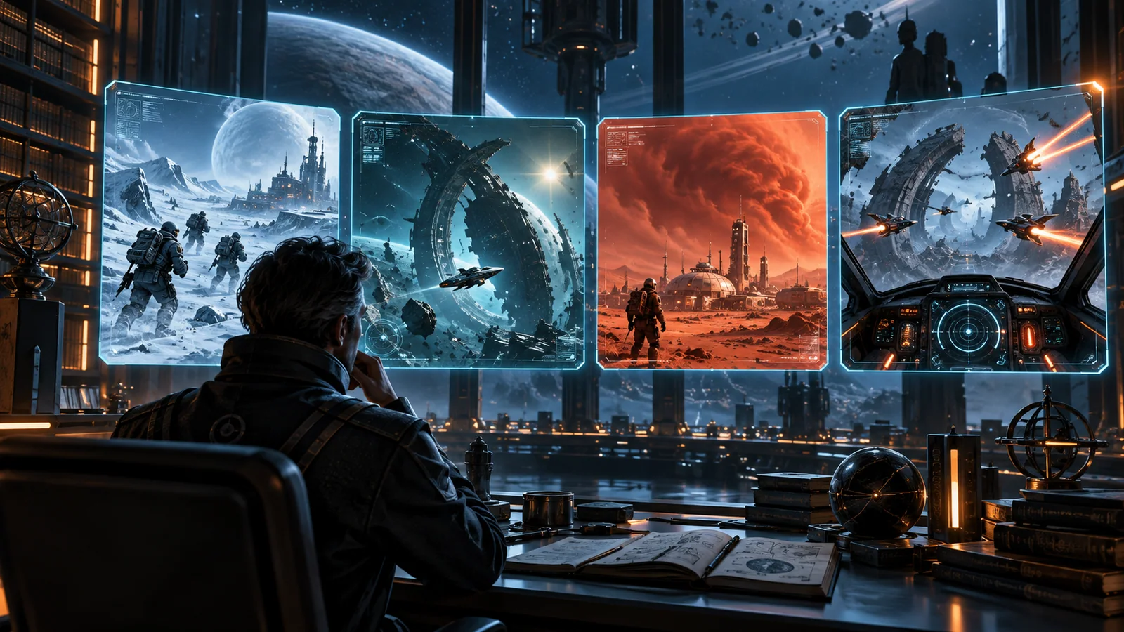 Three distinct science-fiction game worlds compared across a frozen holographic command table.